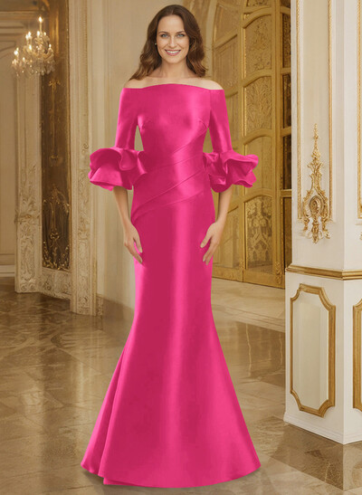 Flattering Off-The-Shoulder Satin Mother Of The Bride Dresses With Ruffle