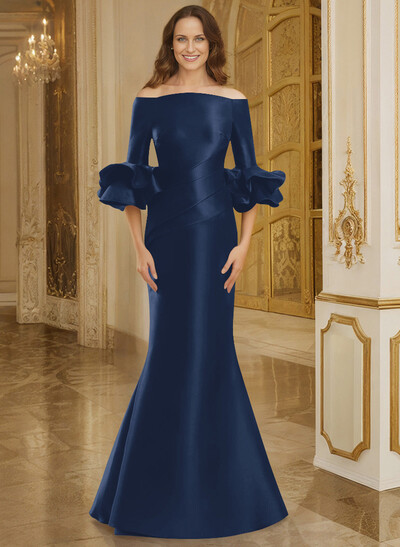 Flattering Off-The-Shoulder Satin Mother Of The Bride Dresses With Ruffle