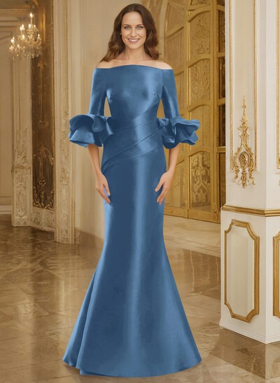 Flattering Off-The-Shoulder Satin Mother Of The Bride Dresses With Ruffle