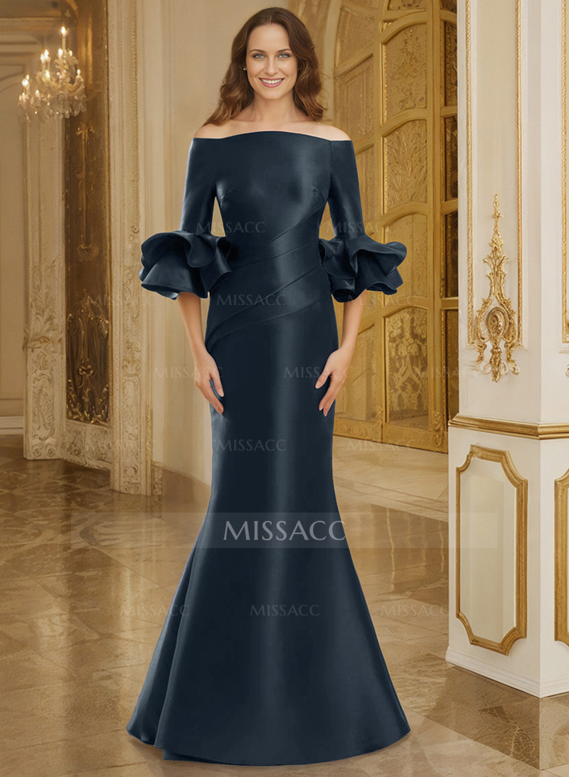 Flattering Off-The-Shoulder Satin Mother Of The Bride Dresses With Ruffle