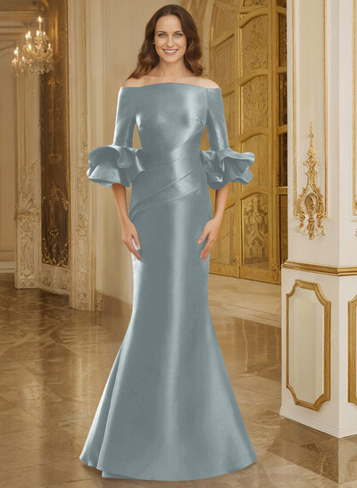 Flattering Off-The-Shoulder Satin Mother Of The Bride Dresses With Ruffle