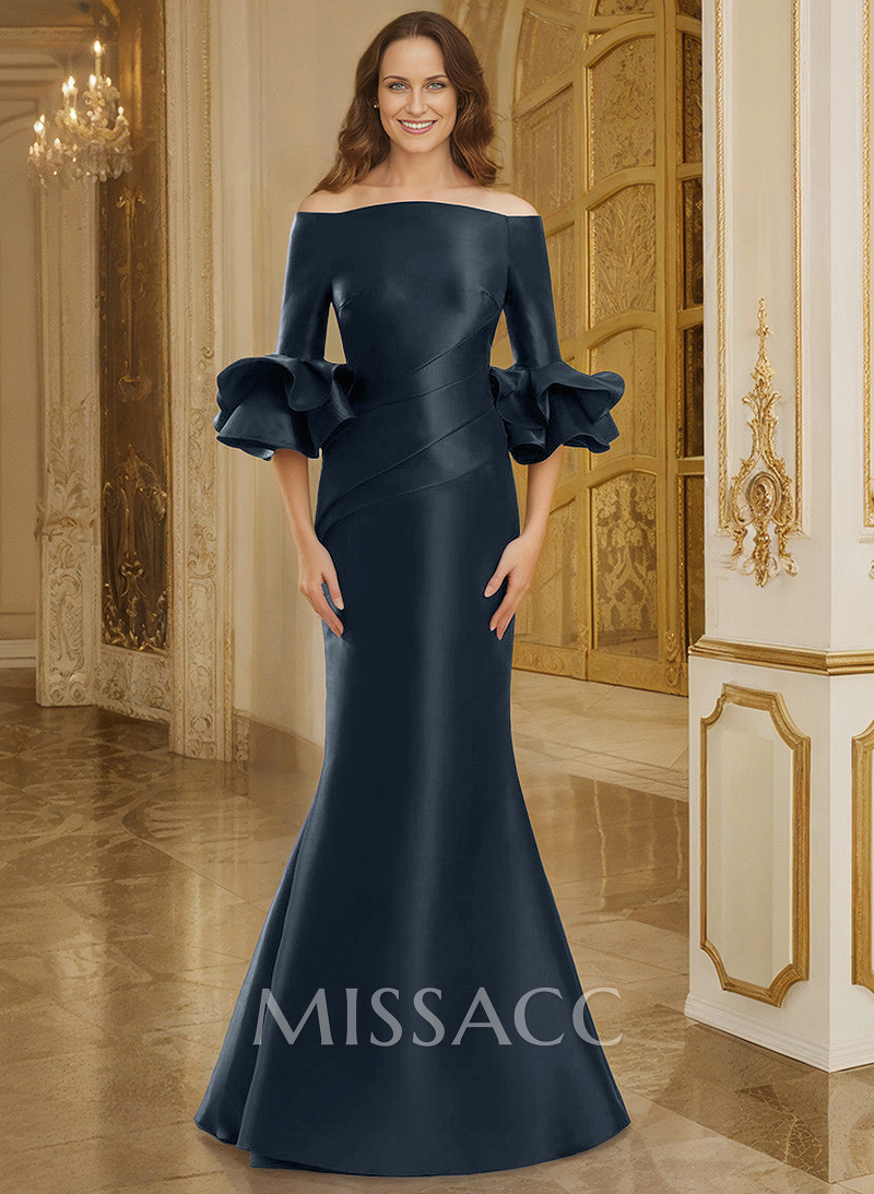 Flattering Off-The-Shoulder Satin Mother Of The Bride Dresses With Ruffle