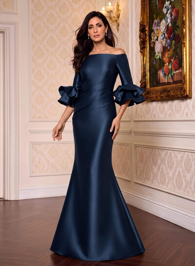 Flattering Bardot Satin Mother Of The Bride Dresses With Ruffle Detailing