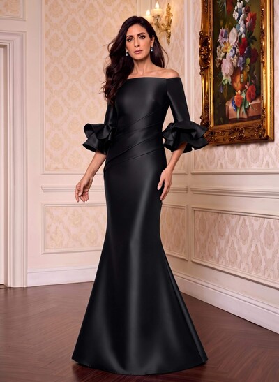 Flattering Off-Shoulder Satin Mother Of The Bride Dresses With Ruffles