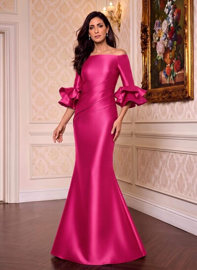 Flattering Off-The-Shoulder Satin Mother Of The Bride Dresses With Ruffle