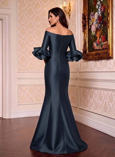 Flattering Off-The-Shoulder Satin Mother Of The Bride Dresses With Ruffle