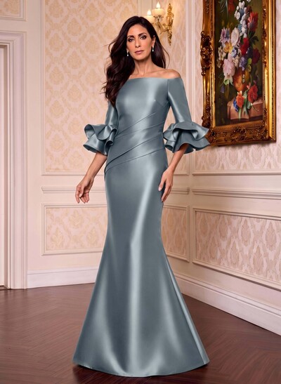 Flattering Off-The-Shoulder Satin Mother Of The Bride Dresses With Ruffle