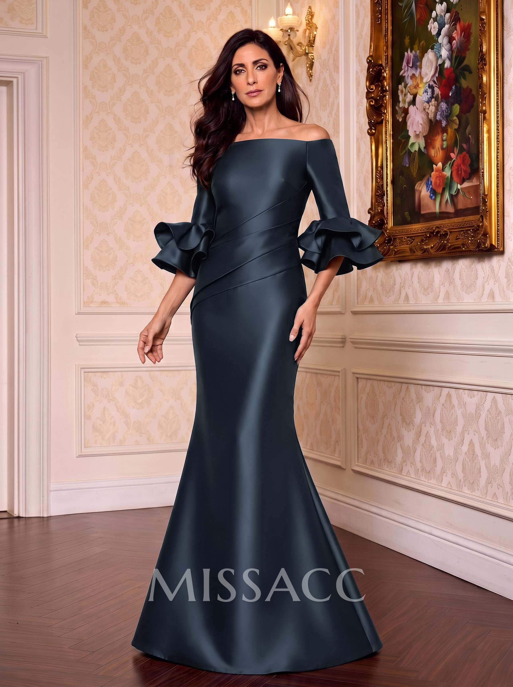 Flattering Off-The-Shoulder Satin Mother Of The Bride Dresses With Ruffle