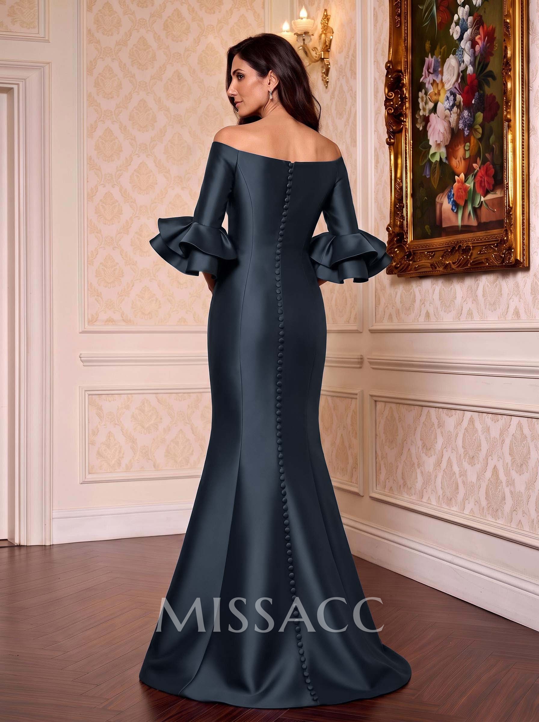 Flattering Off-The-Shoulder Satin Mother Of The Bride Dresses With Ruffle