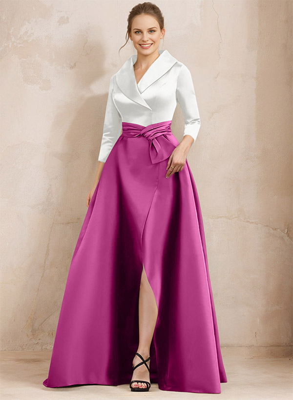 A-Line V-Neck Floor-Length Satin Mother Of The Bride Dresses With Split Front