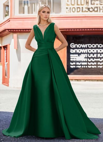 A-Line V-Neck Sleeveless Sweep Train Satin Mother Of The Bride Dresses