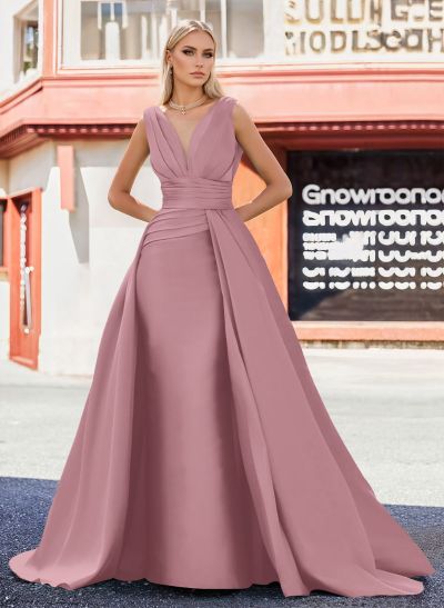 A-Line V-Neck Sleeveless Sweep Train Satin Prom Dresses