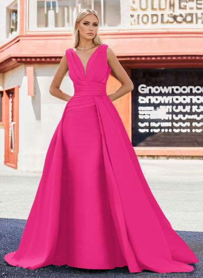 A-Line V-Neck Sleeveless Sweep Train Satin Mother Of The Bride Dresses