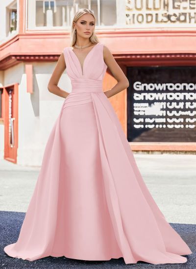 Elegant Pleated A-Line V-Neck Overskirt Satin Mother Of The Bride Dresses