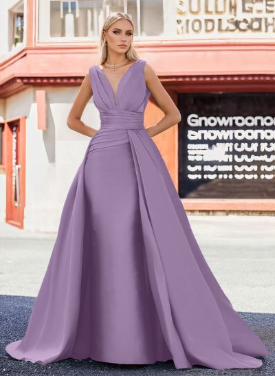 A-Line V-Neck Sleeveless Sweep Train Satin Prom Dresses