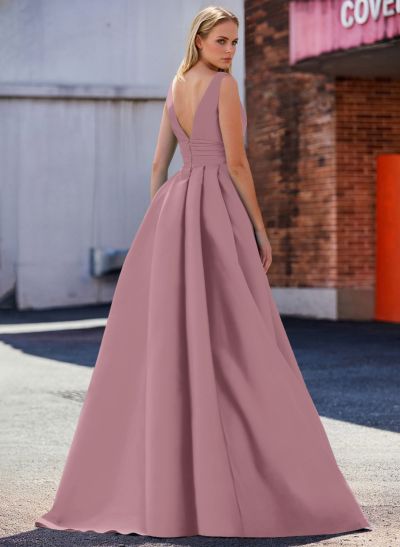 A-Line V-Neck Sleeveless Sweep Train Satin Mother Of The Bride Dresses