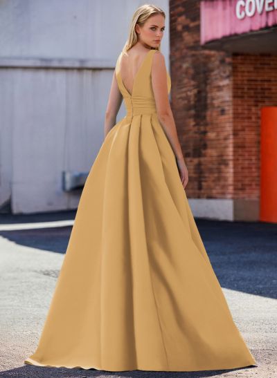 A-Line V-Neck Sleeveless Sweep Train Satin Mother Of The Bride Dresses