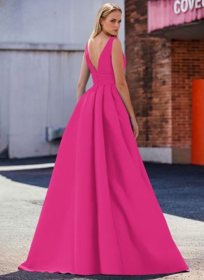 A-Line V-Neck Sleeveless Sweep Train Satin Mother Of The Bride Dresses