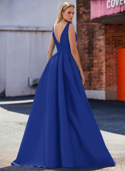 A-Line V-Neck Sleeveless Sweep Train Satin Mother Of The Bride Dresses