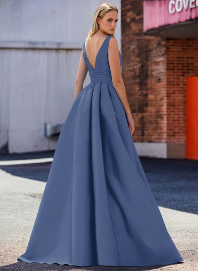 A-Line V-Neck Sleeveless Sweep Train Satin Mother Of The Bride Dresses