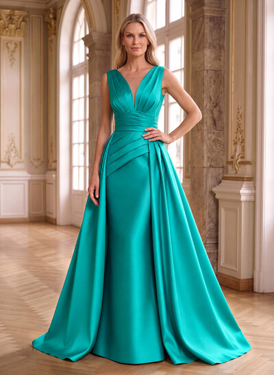 Elegant Pleated V-Neck Overskirt Satin Mother Of The Bride Dresses