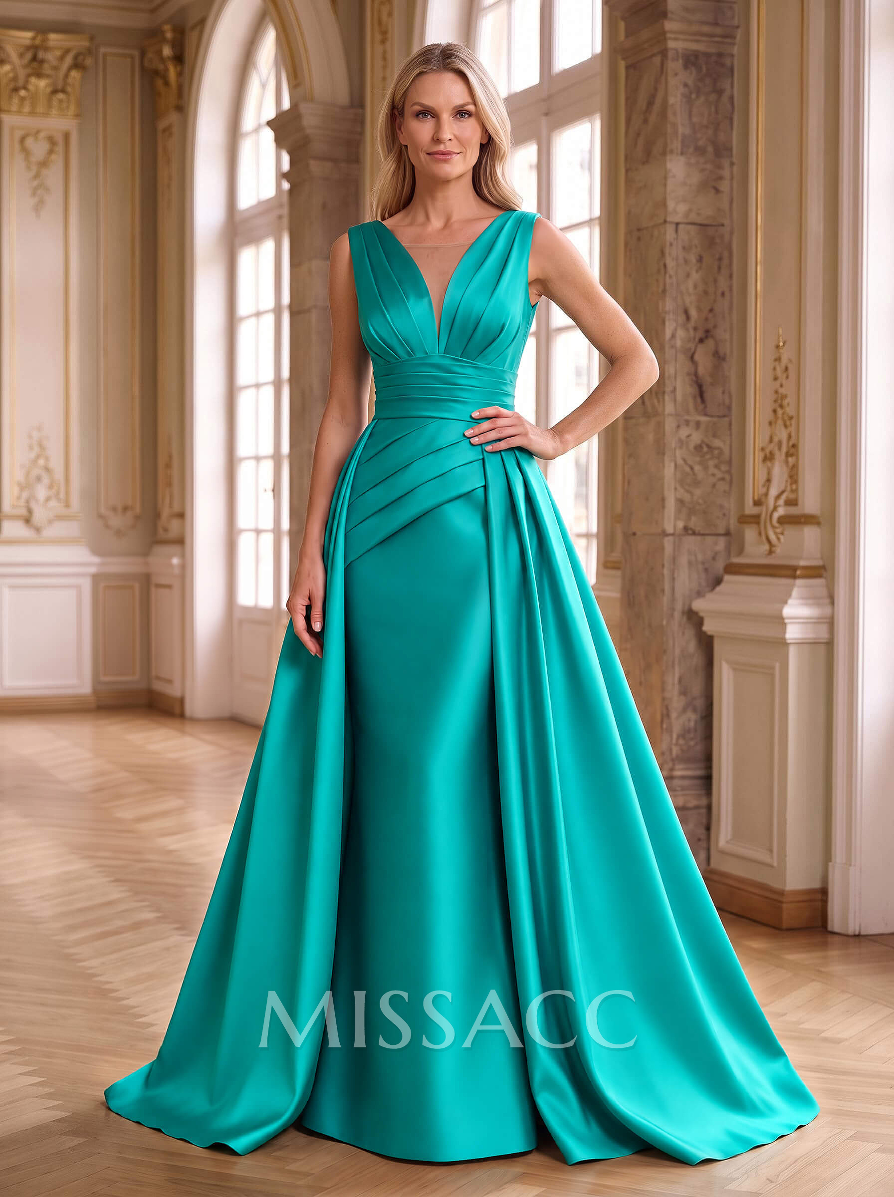 Elegant Pleated V-Neck Overskirt Satin Mother Of The Bride Dresses Elegant Pleated V-Neck Overskirt Satin Mother Of The Bride Dresses