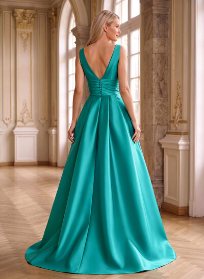 Elegant Pleated V-Neck Overskirt Satin Mother Of The Bride Dresses