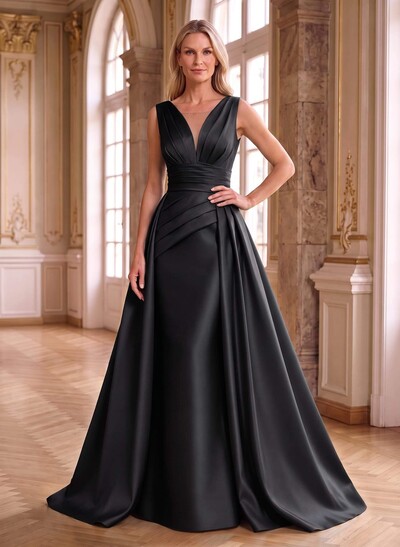 Elegant Pleated V-Neck Overskirt Satin Mother Of The Bride Dresses