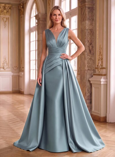 Elegant Pleated V-Neck Overskirt Satin Mother Of The Bride Dresses