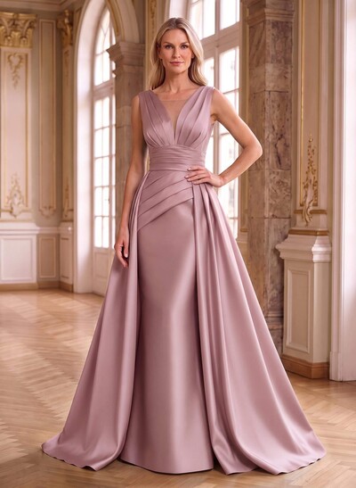 Elegant Pleated V-Neck Overskirt Satin Mother Of The Bride Dresses
