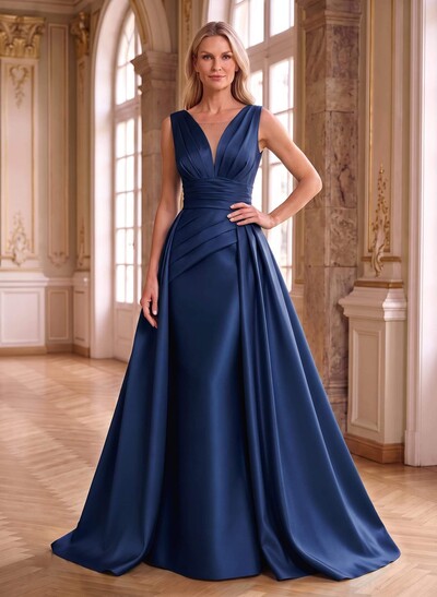 Elegant Pleated V-Neck Overskirt Satin Mother Of The Bride Dresses