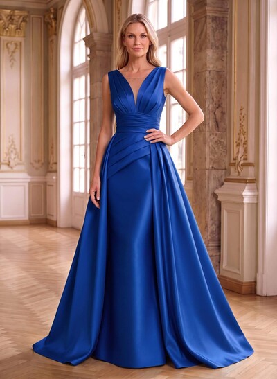Elegant Pleated V-Neck Overskirt Satin Mother Of The Bride Dresses