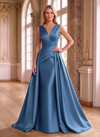 Elegant Pleated V-Neck Overskirt Satin Mother Of The Bride Dresses