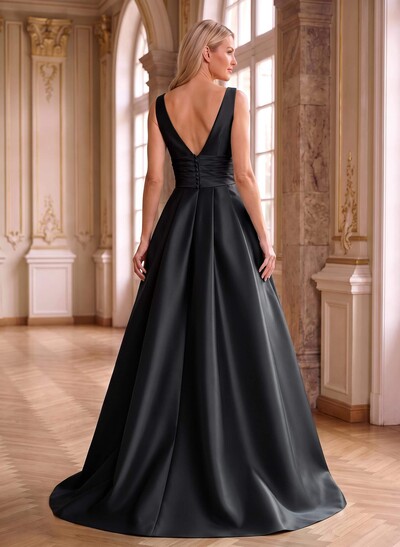 Elegant Pleated V-Neck Overskirt Satin Mother Of The Bride Dresses