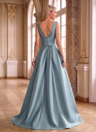 Elegant Pleated V-Neck Overskirt Satin Mother Of The Bride Dresses