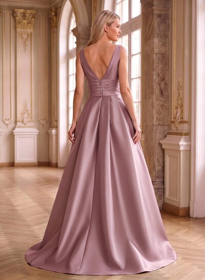 Elegant Pleated V-Neck Overskirt Satin Mother Of The Bride Dresses