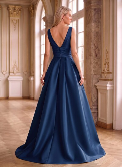 Elegant Pleated V-Neck Overskirt Satin Mother Of The Bride Dresses