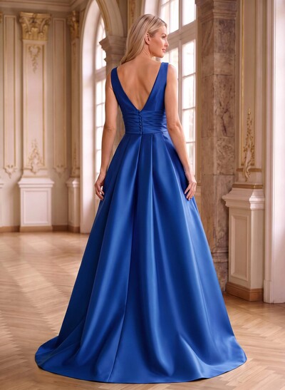 Elegant Pleated V-Neck Overskirt Satin Mother Of The Bride Dresses