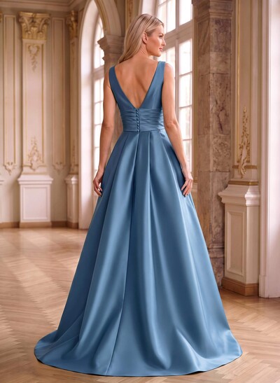 Elegant Pleated V-Neck Overskirt Satin Mother Of The Bride Dresses