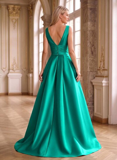 Elegant Pleated V-Neck Overskirt Satin Mother Of The Bride Dresses