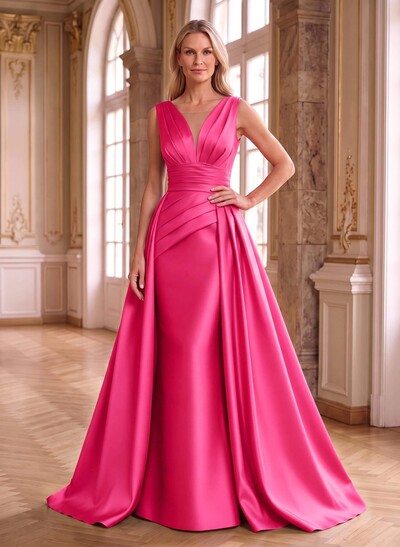 Elegant Pleated V-Neck Overskirt Satin Mother Of The Bride Dresses