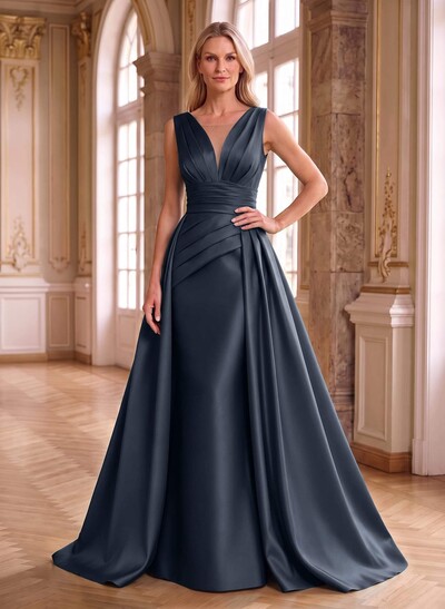 Elegant Pleated V-Neck Overskirt Satin Mother Of The Bride Dresses