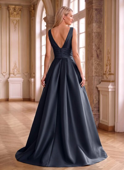 Elegant Pleated V-Neck Overskirt Satin Mother Of The Bride Dresses