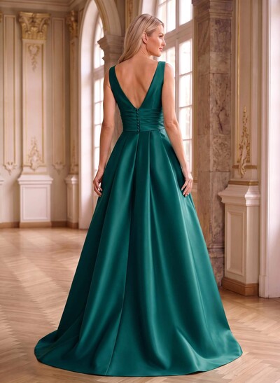 Elegant Pleated V-Neck Overskirt Satin Mother Of The Bride Dresses