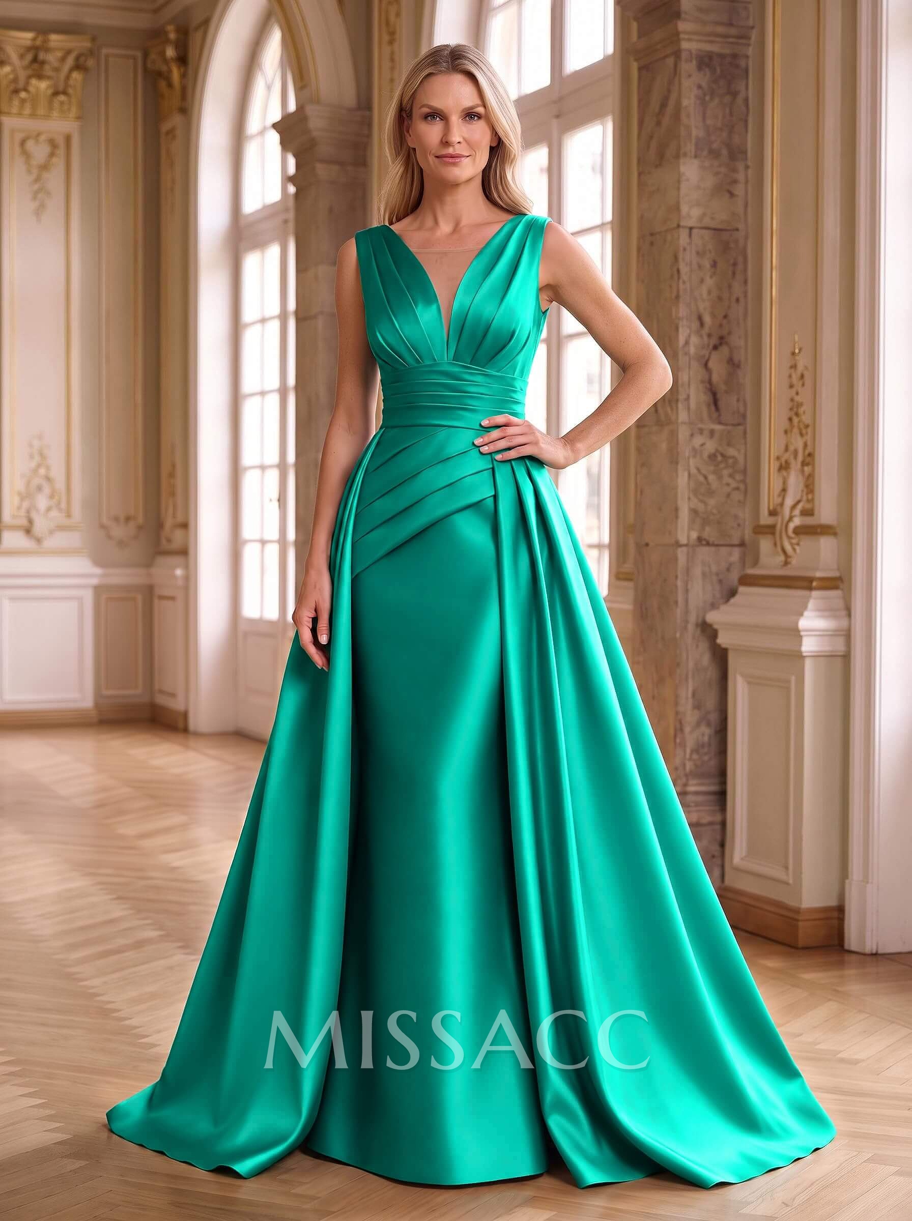 Elegant Pleated V-Neck Overskirt Satin Mother Of The Bride Dresses