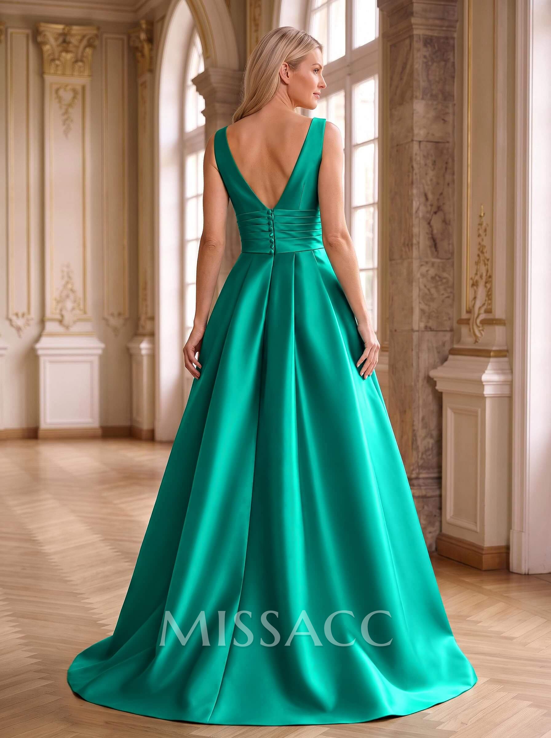 Elegant Pleated V-Neck Overskirt Satin Mother Of The Bride Dresses