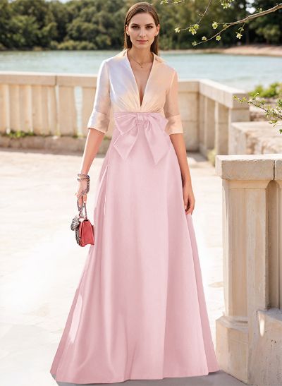 A-Line V-Neck 1/2 Sleeves Satin Mother Of The Bride Dresses With Bow(s)