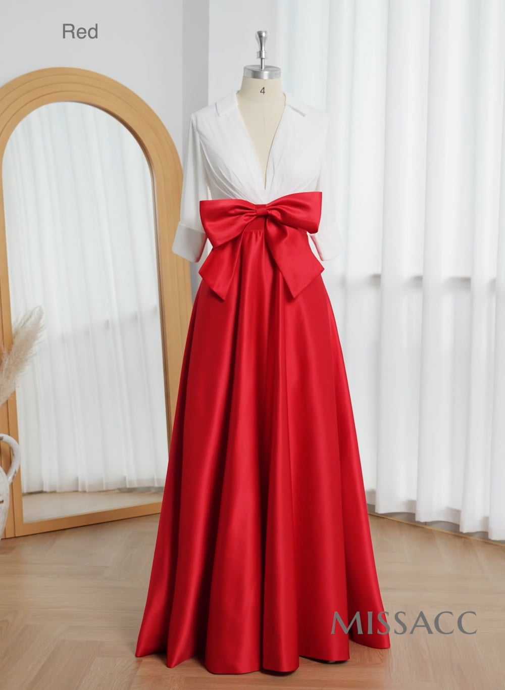 A-Line V-Neck 1/2 Sleeves Satin Mother Of The Bride Dresses With Bow(s)