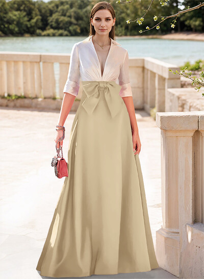 A-Line V-Neck 1/2 Sleeves Satin Mother Of The Bride Dresses With Bow(s)