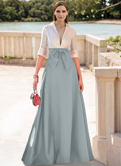 A-Line V-Neck 1/2 Sleeves Satin Mother Of The Bride Dresses With Bow(s)